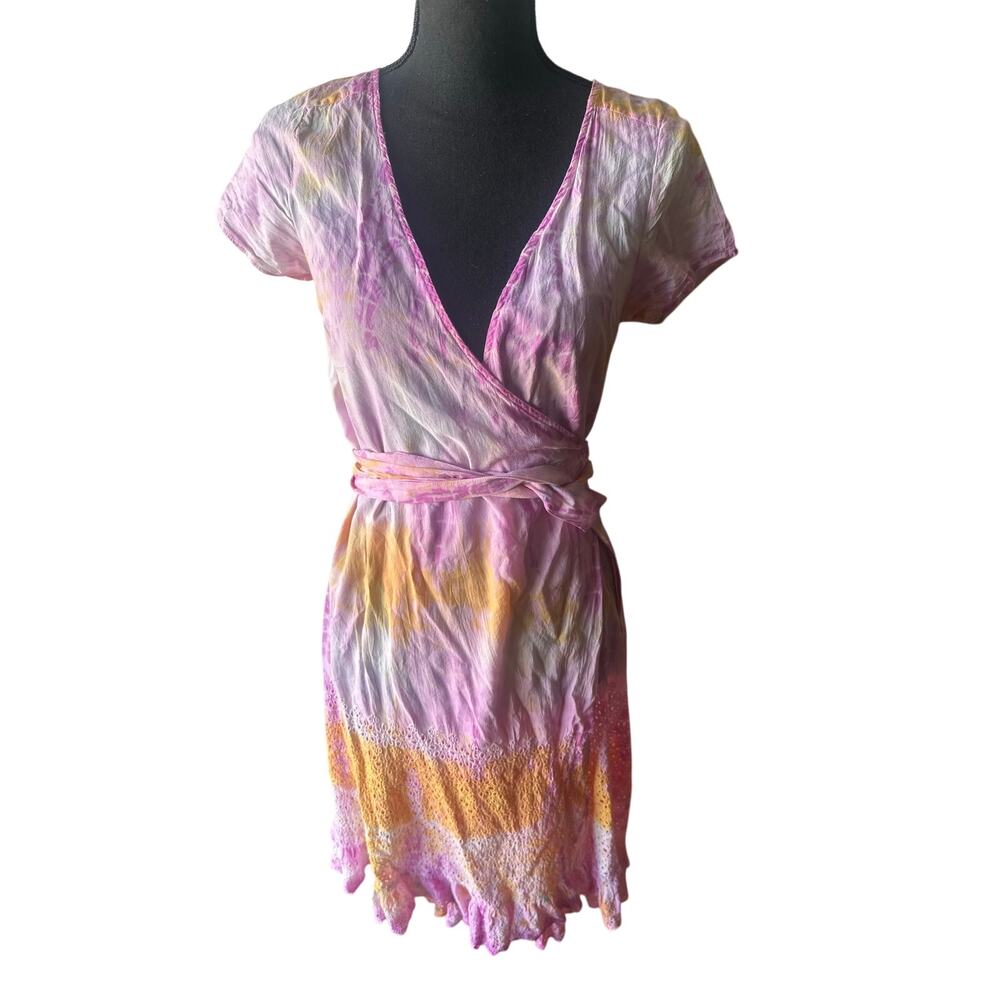 Calypso St. Barth Pink Orange White Tie-Dye Wrap Dress XS Boho Chic